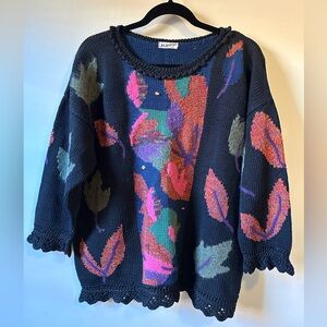 Vintage Lee Anderson Chunky Knit Abstract Leaf Fall Winter Sweater Crochet Hem